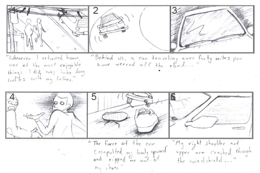 Storyboard showing 6 a panels that are pencil sketches
